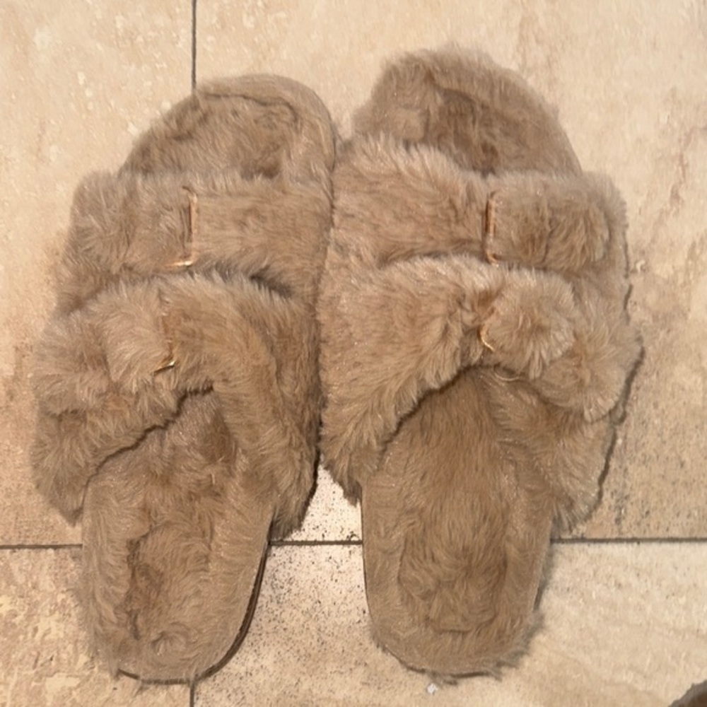 FITORY Womens Open Toe Slipper with Cozy Lining,Faux Rabbit Fur Cork NWOT 9